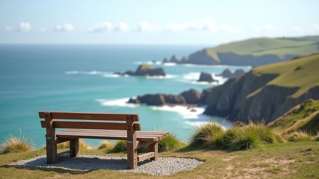 Wooden viewing benches on clifftop overlooking the sea with comfortable seating for extended observation